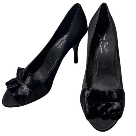 Touch of Nina Black Satin Heels Open Toe with Ruffle Size 7.5 Peep Toe Stiletto - Picture 1 of 13